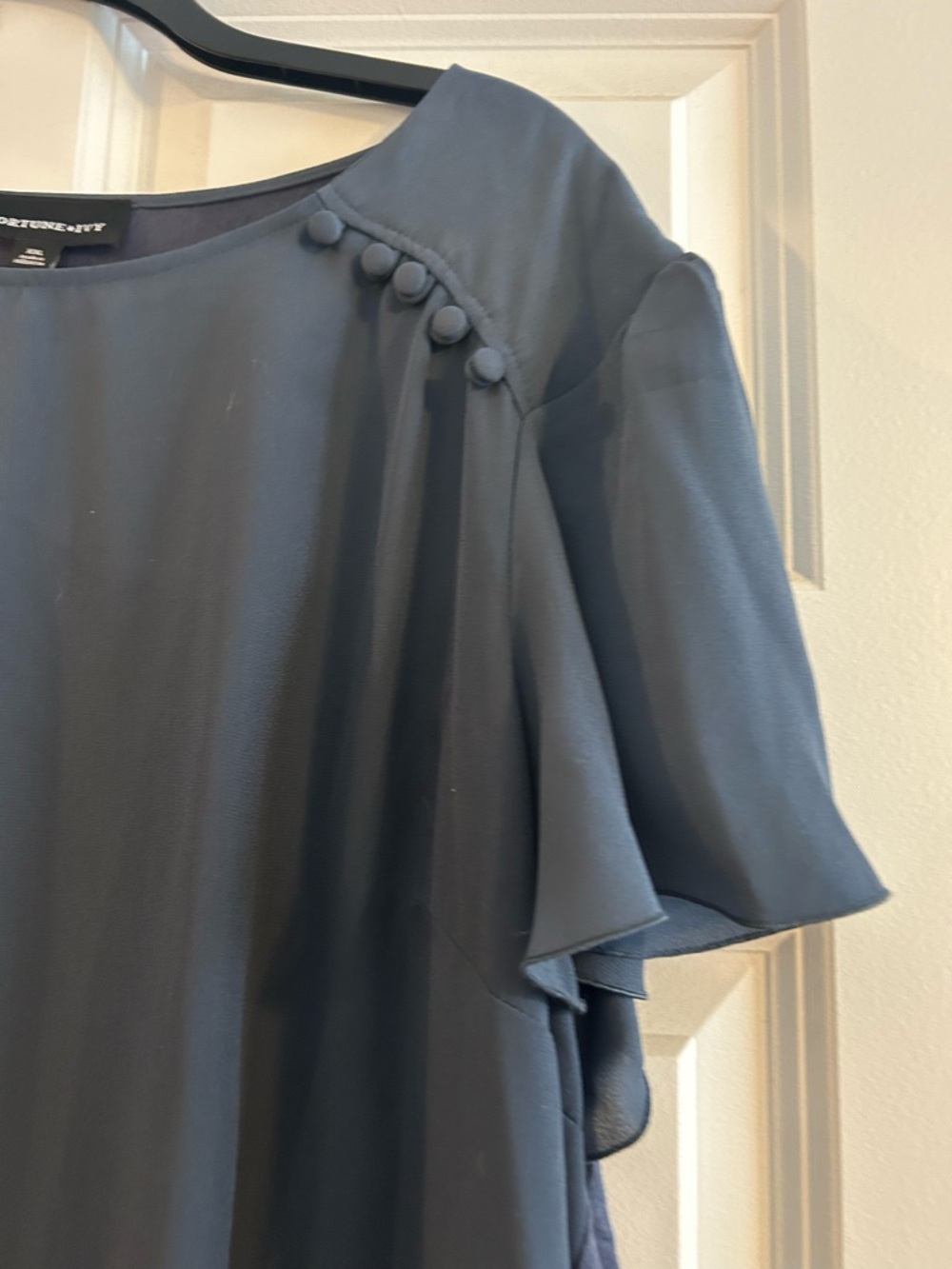 Petite Sophisticate Navy Blue Flutter Sleeve Blouse with Covered Buttons
